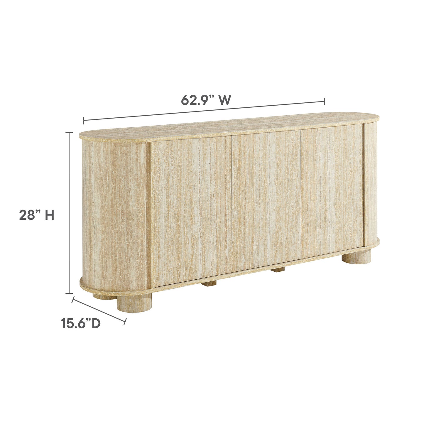 Oval faux travertine sideboard with three panel doors, rounded edges, short block feet, 62.9W x 28H x 15.6D