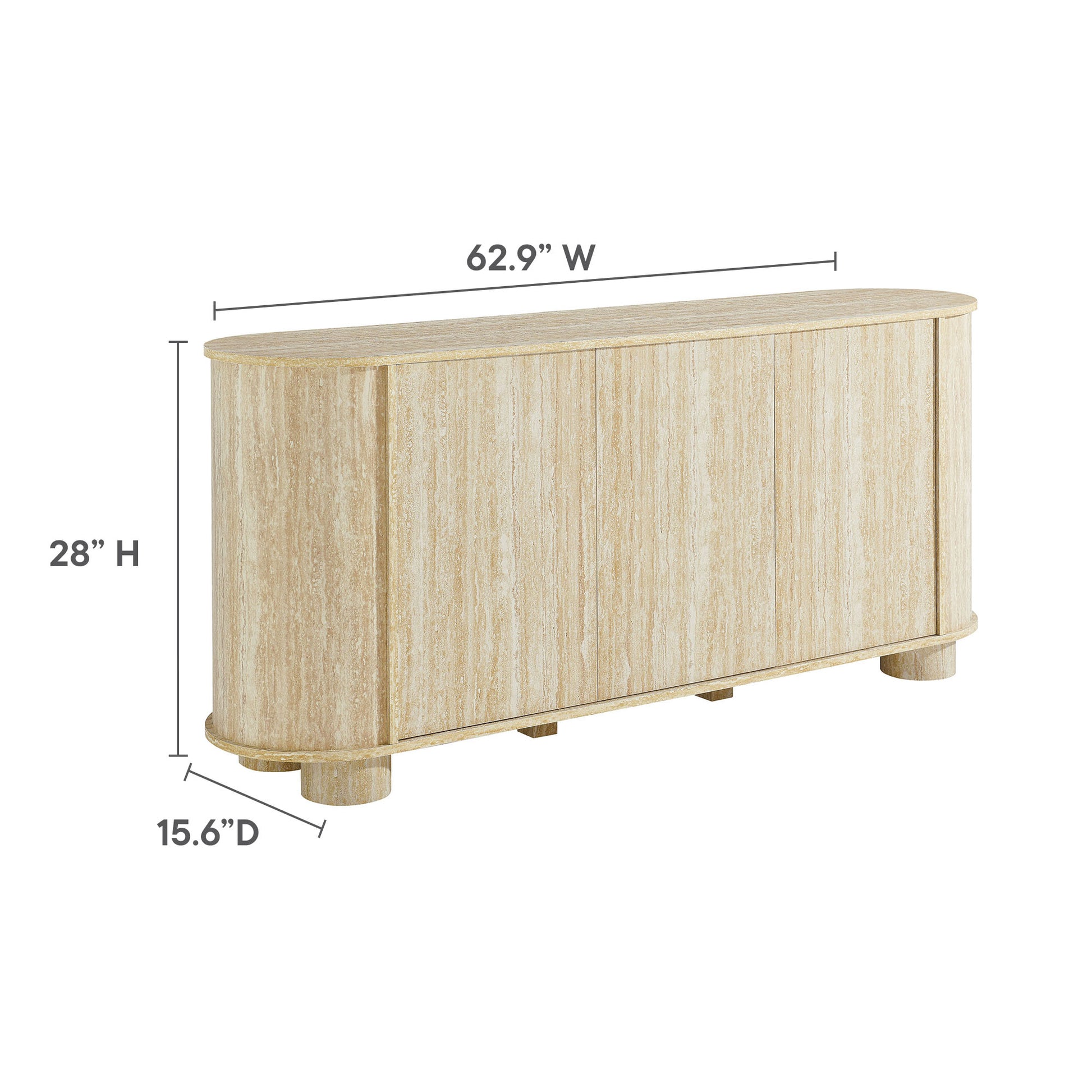 Oval faux travertine sideboard with three panel doors, rounded edges, short block feet, 62.9W x 28H x 15.6D