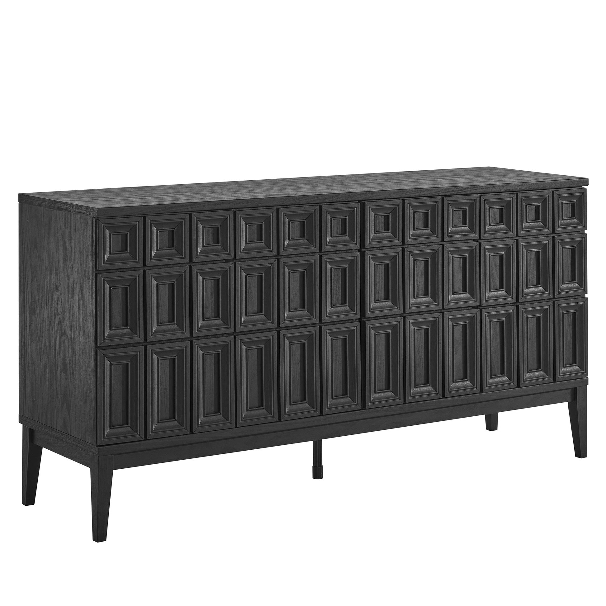 Black wood sideboard with grid of square paneled doors, mid-century modern style, tapered legs, long dining room storage.