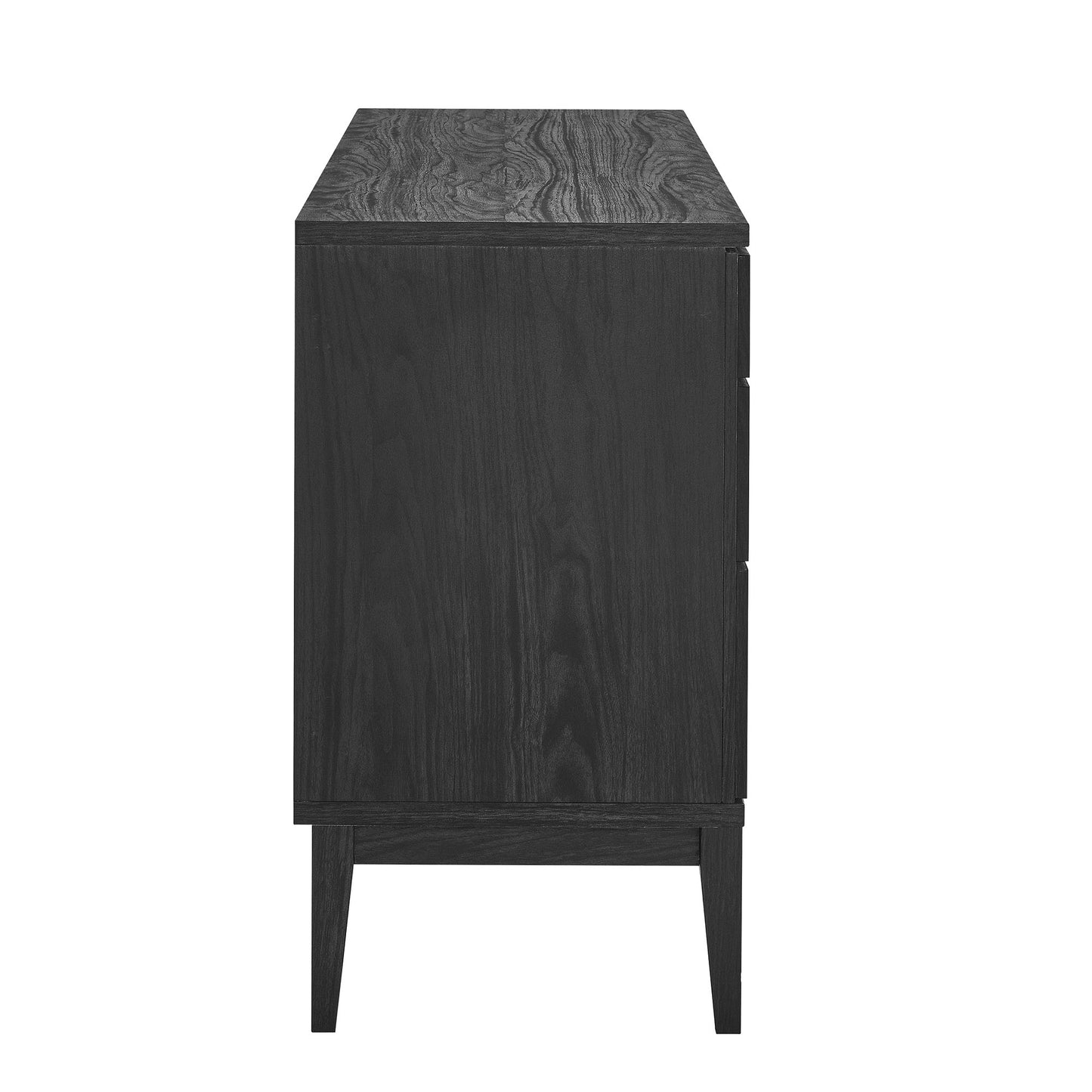 Dark black wood cabinet with tapered legs, rectangular top, mid-century modern storage.