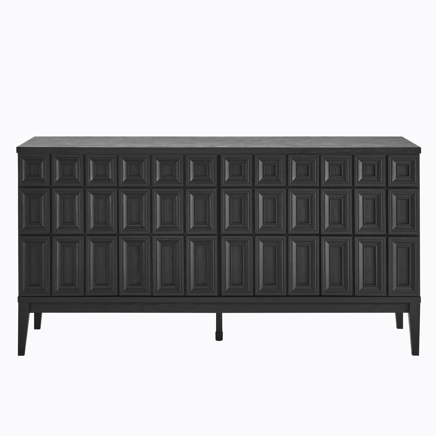 Black sideboard with a grid of square paneled doors & slim legs; modern textured storage.