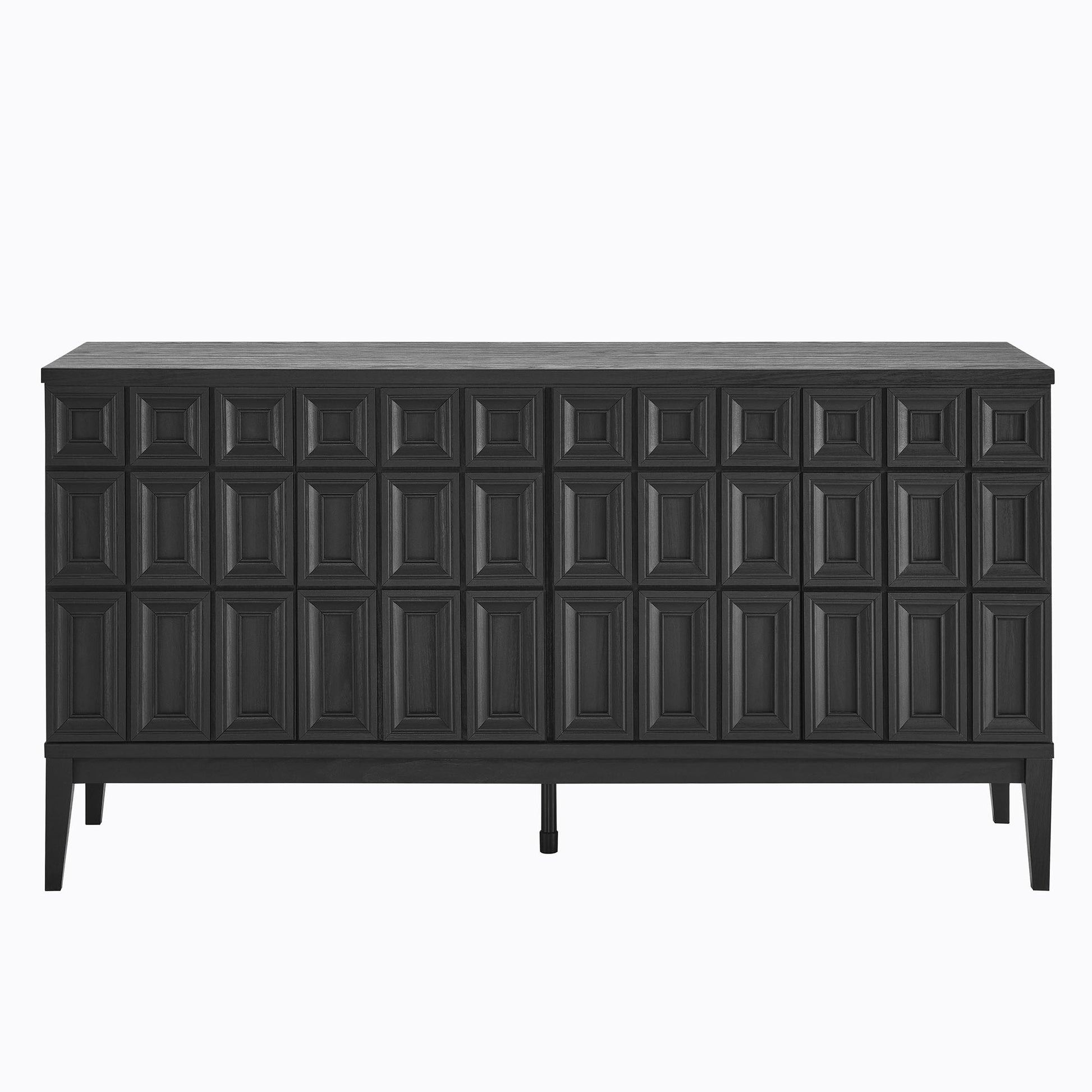 Black sideboard with a grid of square paneled doors & slim legs; modern textured storage.