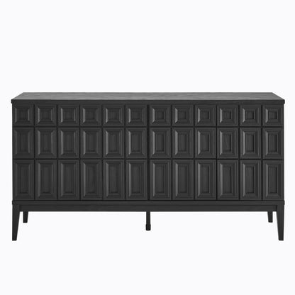 Black sideboard with a grid of square paneled doors & slim legs; modern textured storage.