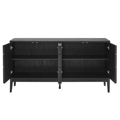 Black wood mid-century sideboard with two open cabinet doors and interior shelves; tapered legs.