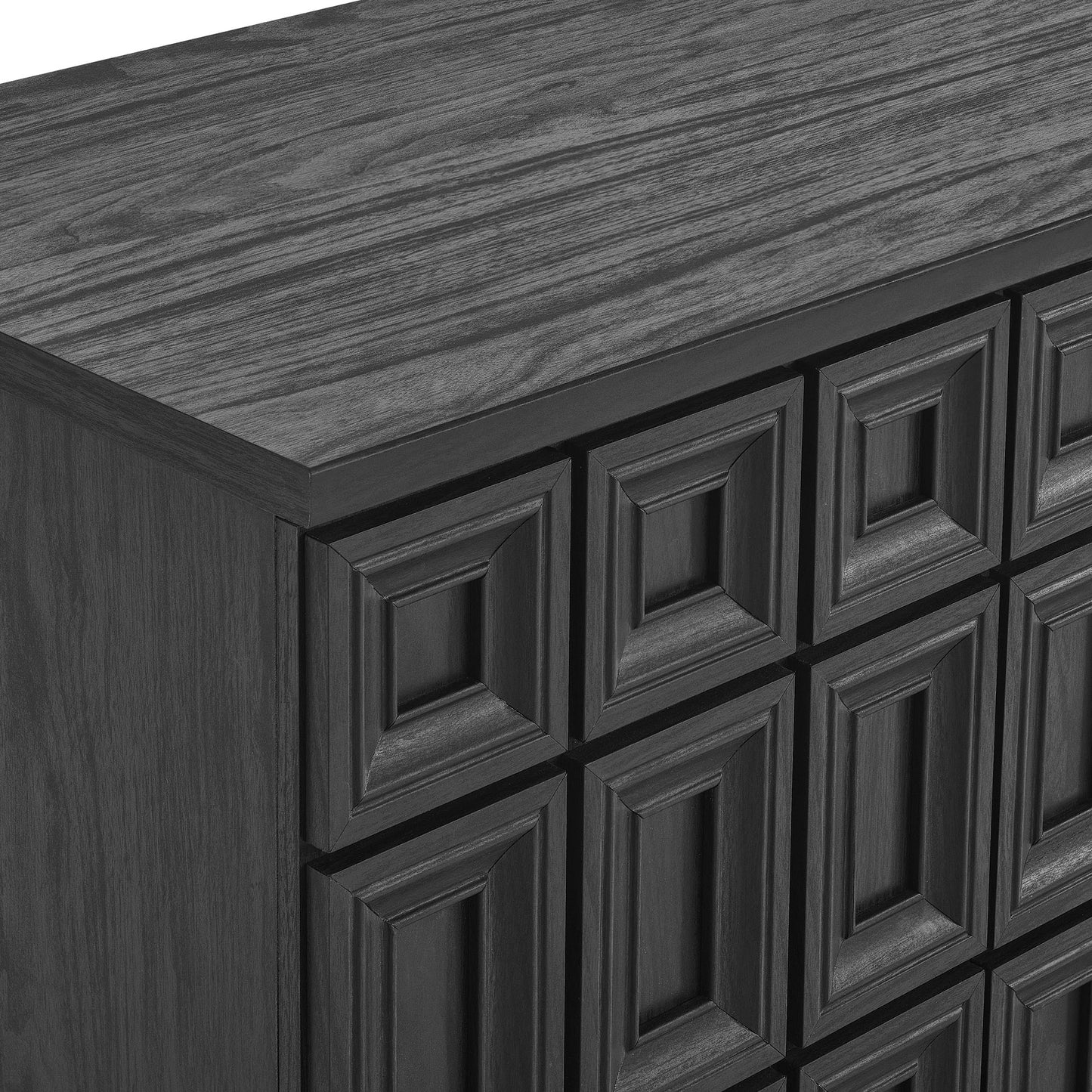 Charcoal black wooden sideboard with a grid of square-panel drawers and a wood-grain top.