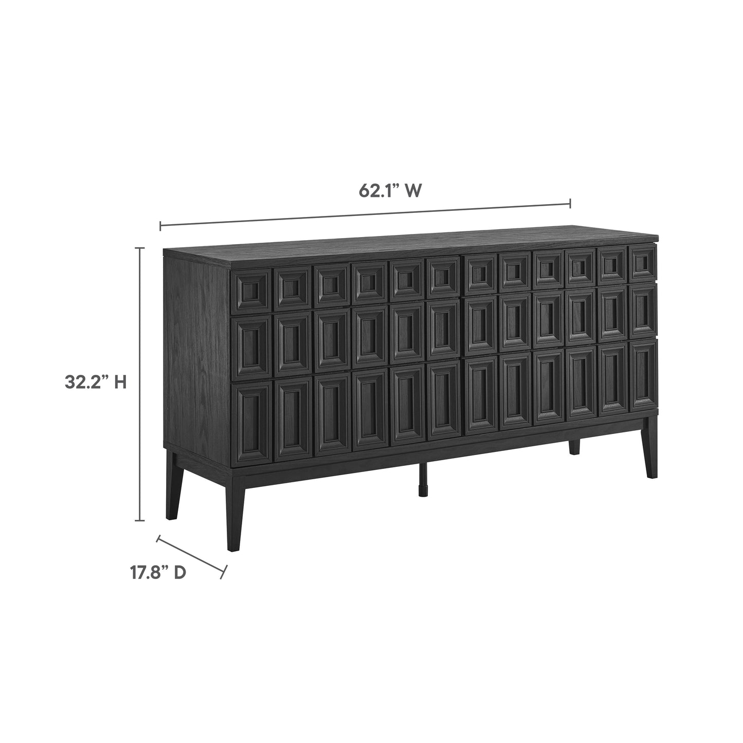 Black wood sideboard with grid-paneled fronts, angled legs, 62.1W x 32.2H x 17.8D.