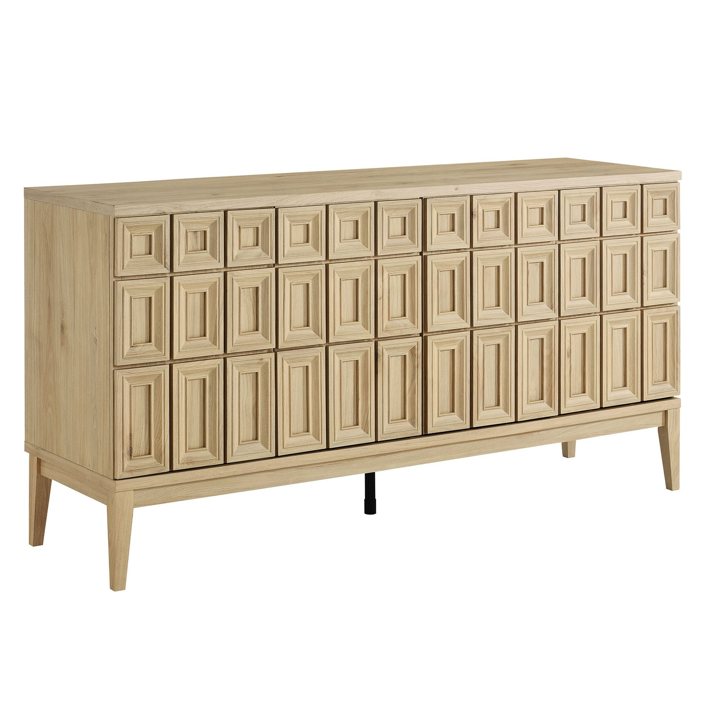 Brown sideboard with grid of square-raised-panel doors, mid-century modern, tapered legs.