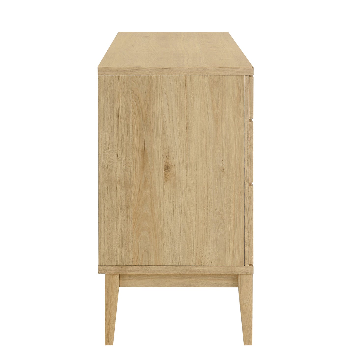 Brown finish sideboard with door and three drawers, mid-century style with tapered legs.