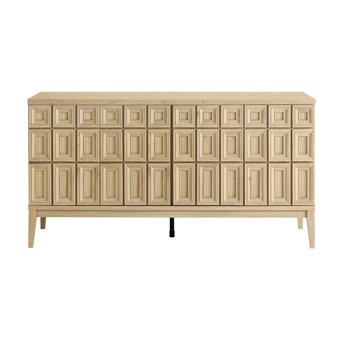 Brown finish sideboard with a grid of raised square panels, tapered legs, long storage cabinet.