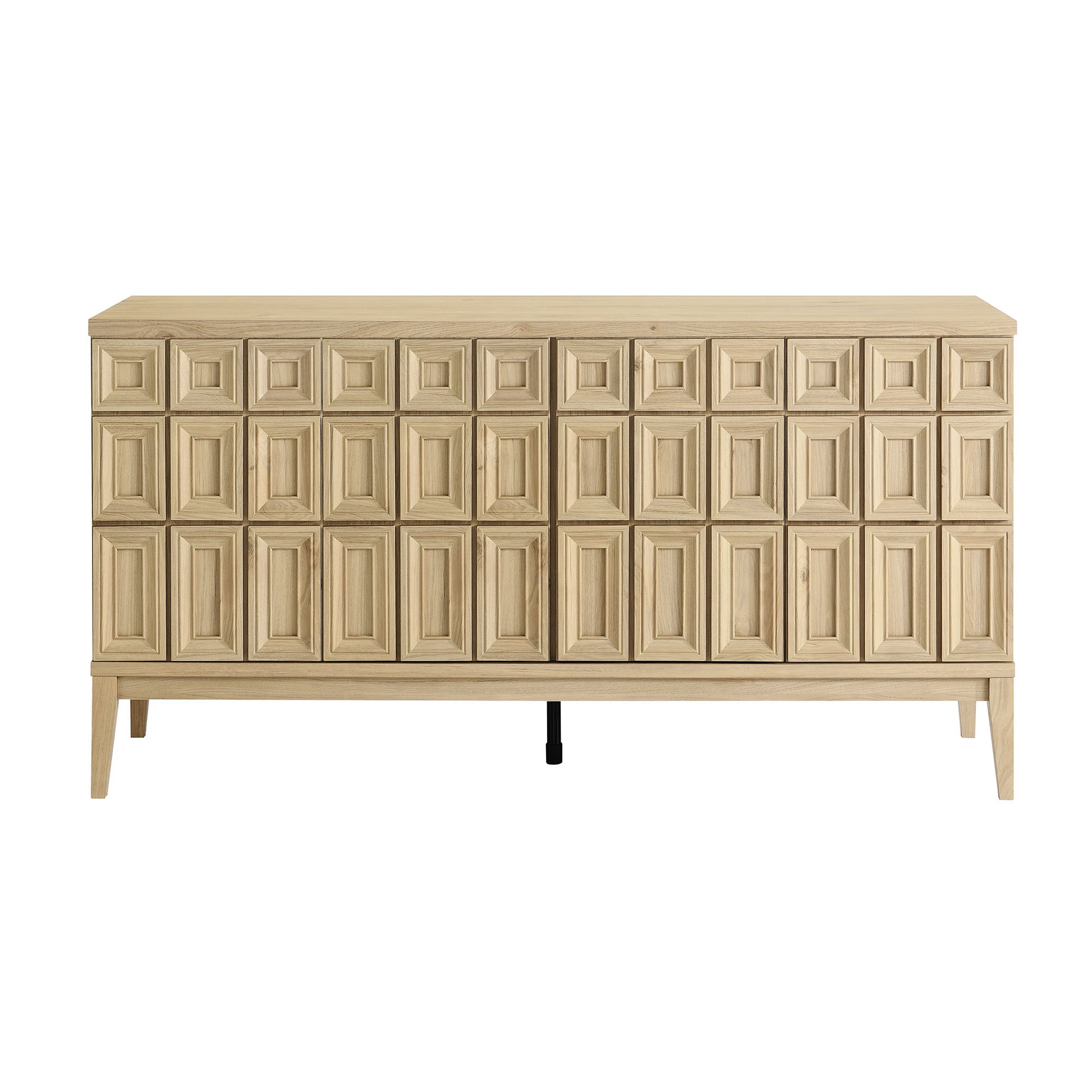 Brown finish sideboard with a grid of raised square panels, tapered legs, long storage cabinet.