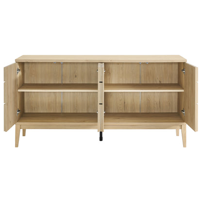 Brown 62-inch sideboard with two doors, interior shelves, and raised legs for modern living-room storage.