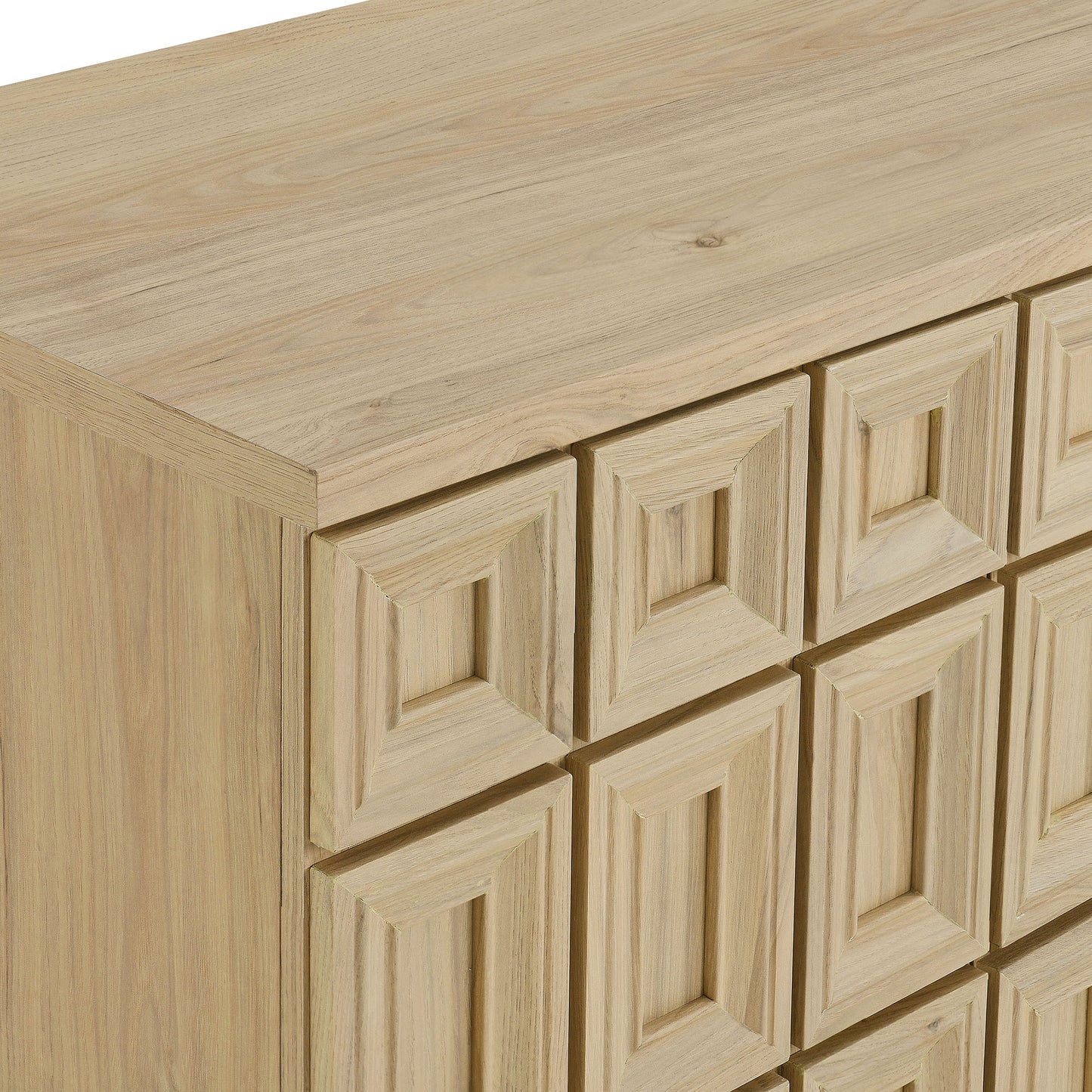 Brown sideboard with a grid of square panel doors and a flat top.
