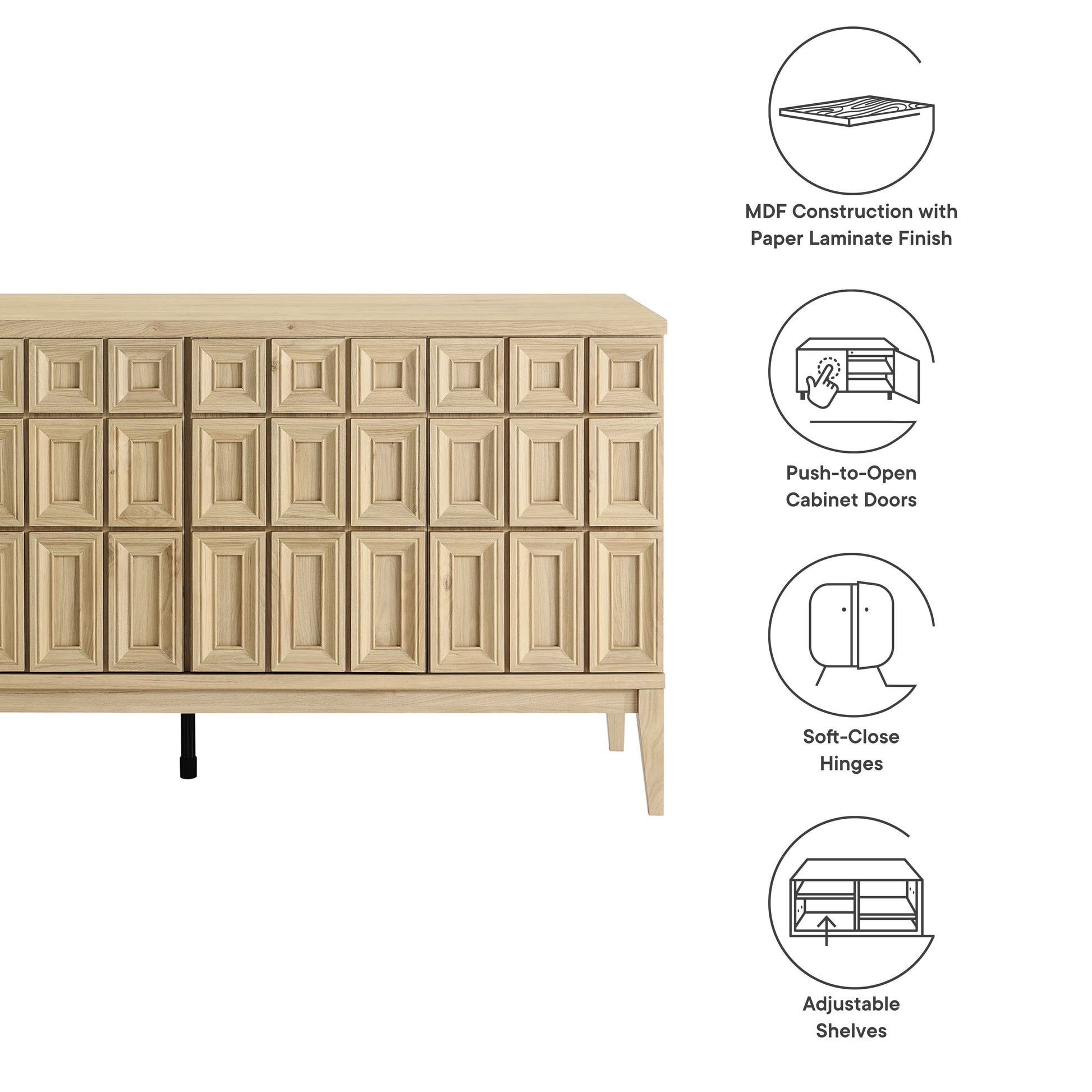 Light natural wood sideboard with grid of small square panel doors on slim legs; mid-century modern storage cabinet.