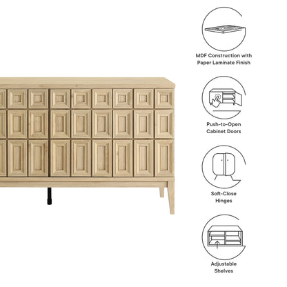 Light natural wood sideboard with grid of small square panel doors on slim legs; mid-century modern storage cabinet.