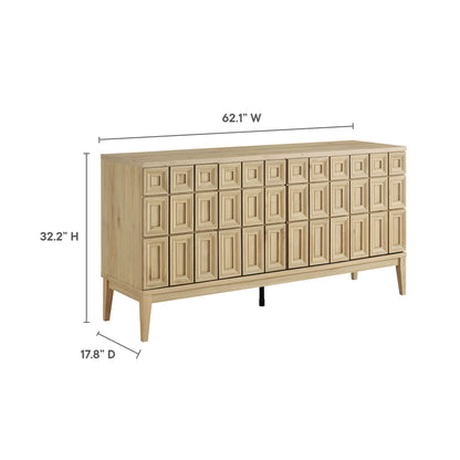 Natural oak sideboard with a grid of square-panel doors, mid-century modern design, 62.1W x 32.2H x 17.8D.