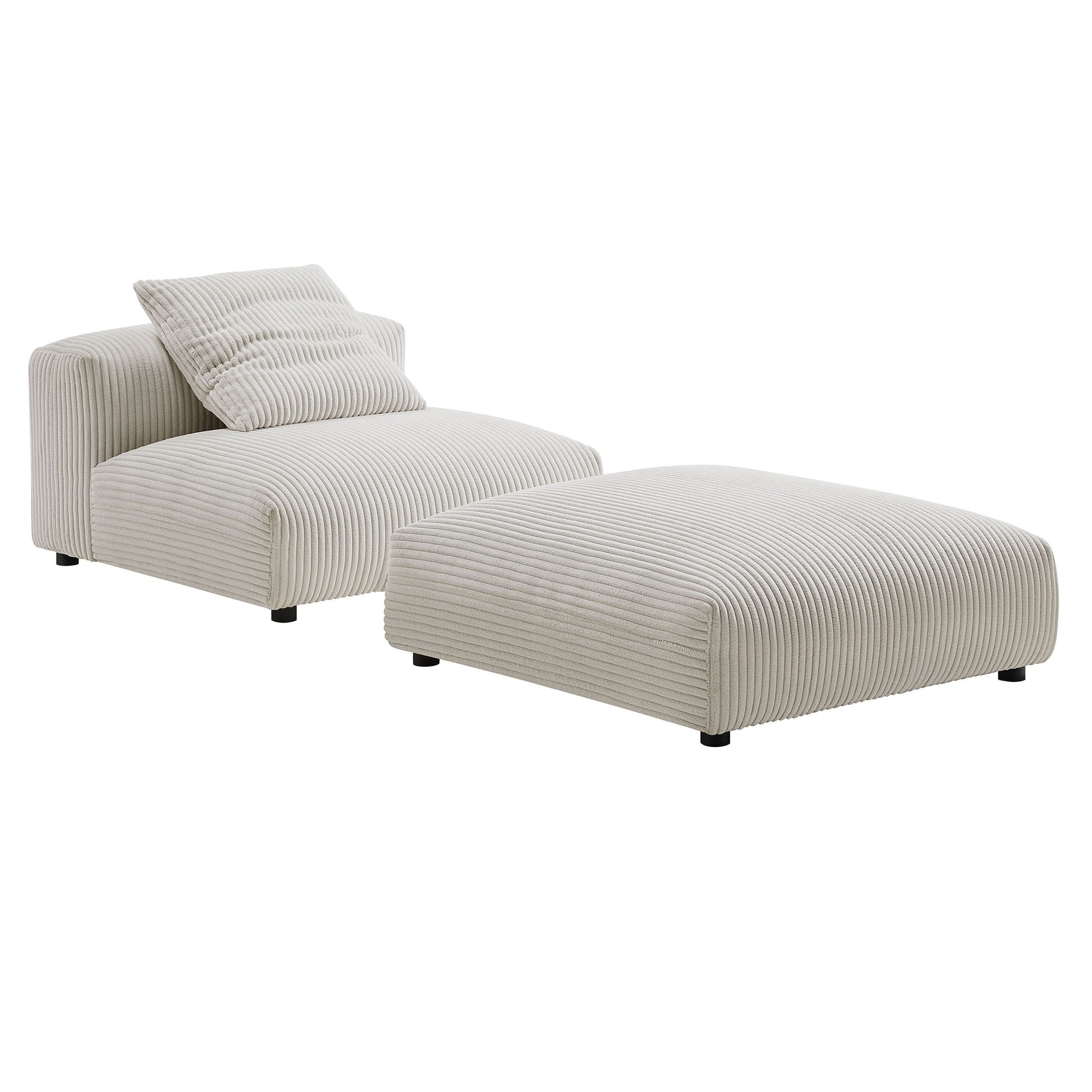 Brown corduroy modular armless chair and ottoman set; striped texture and low legs.