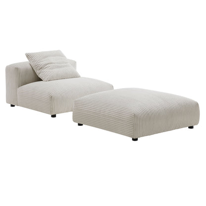 Brown corduroy modular armless chair and ottoman set; striped texture and low legs.