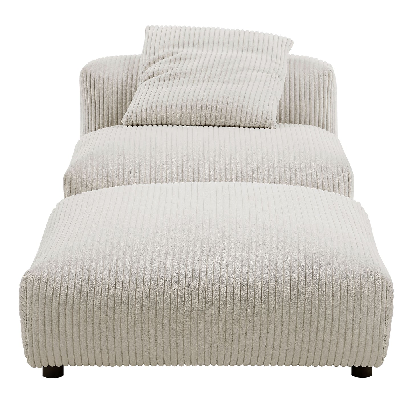 Almond corduroy armless chair and ottoman set with vertical ribbed fabric; thick cushioned seat and back pillow on the chair.