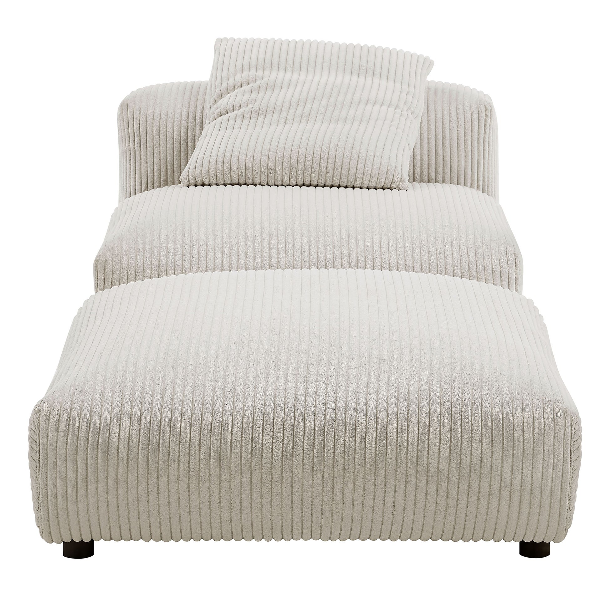 Almond corduroy armless chair and ottoman set with vertical ribbed fabric; thick cushioned seat and back pillow on the chair.