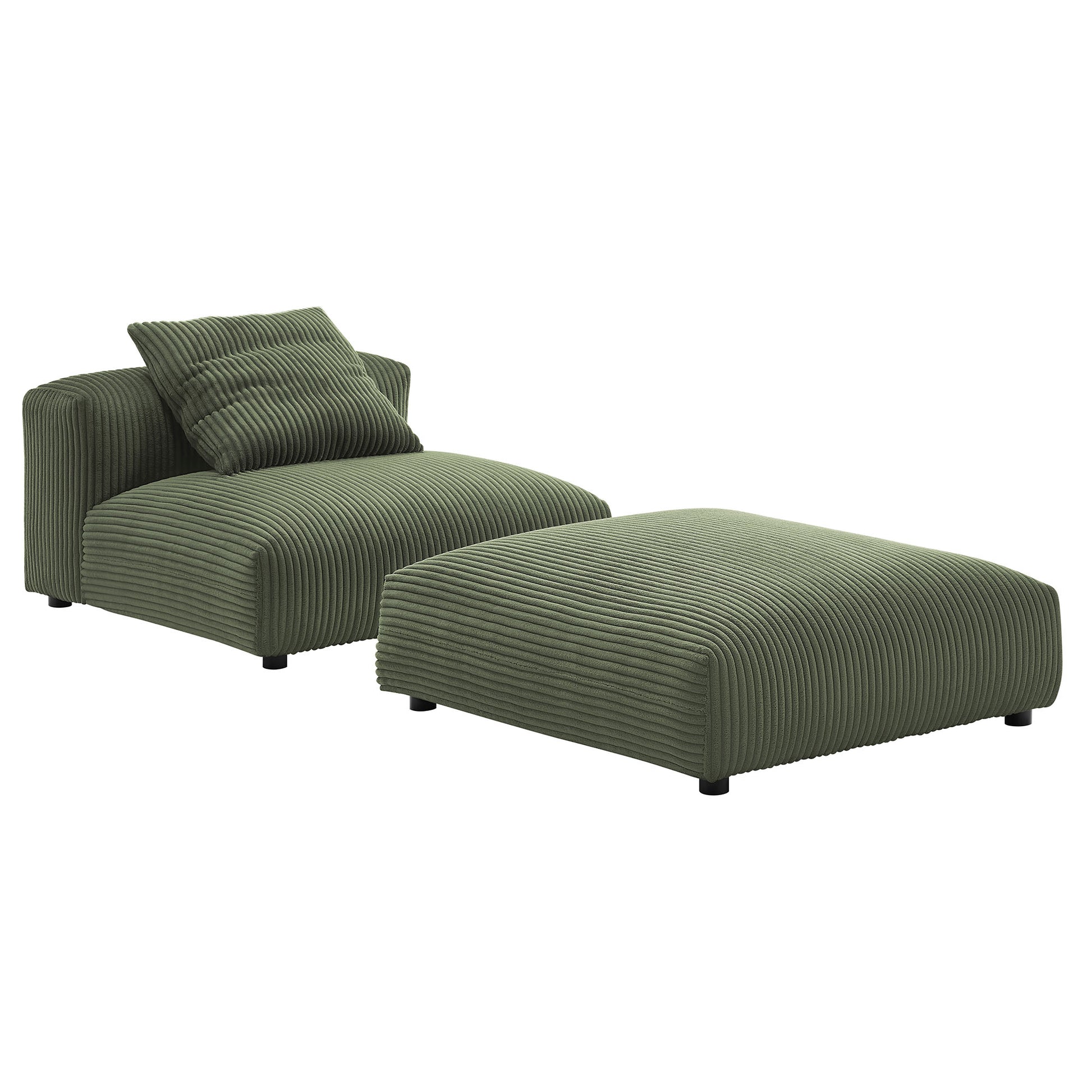 Olive green corduroy armless chair with ottoman and pillows; modern lounge set on low black feet.