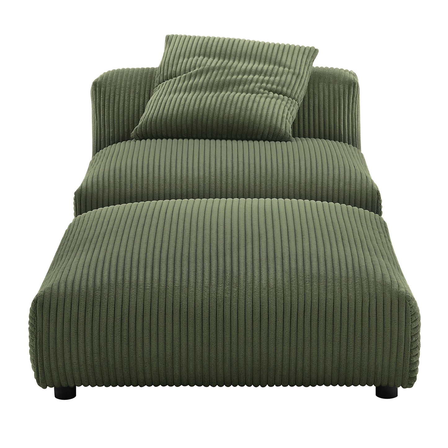 Olive green corduroy upholstered armless chair and matching ottoman; modular living room seating with low-profile frames.