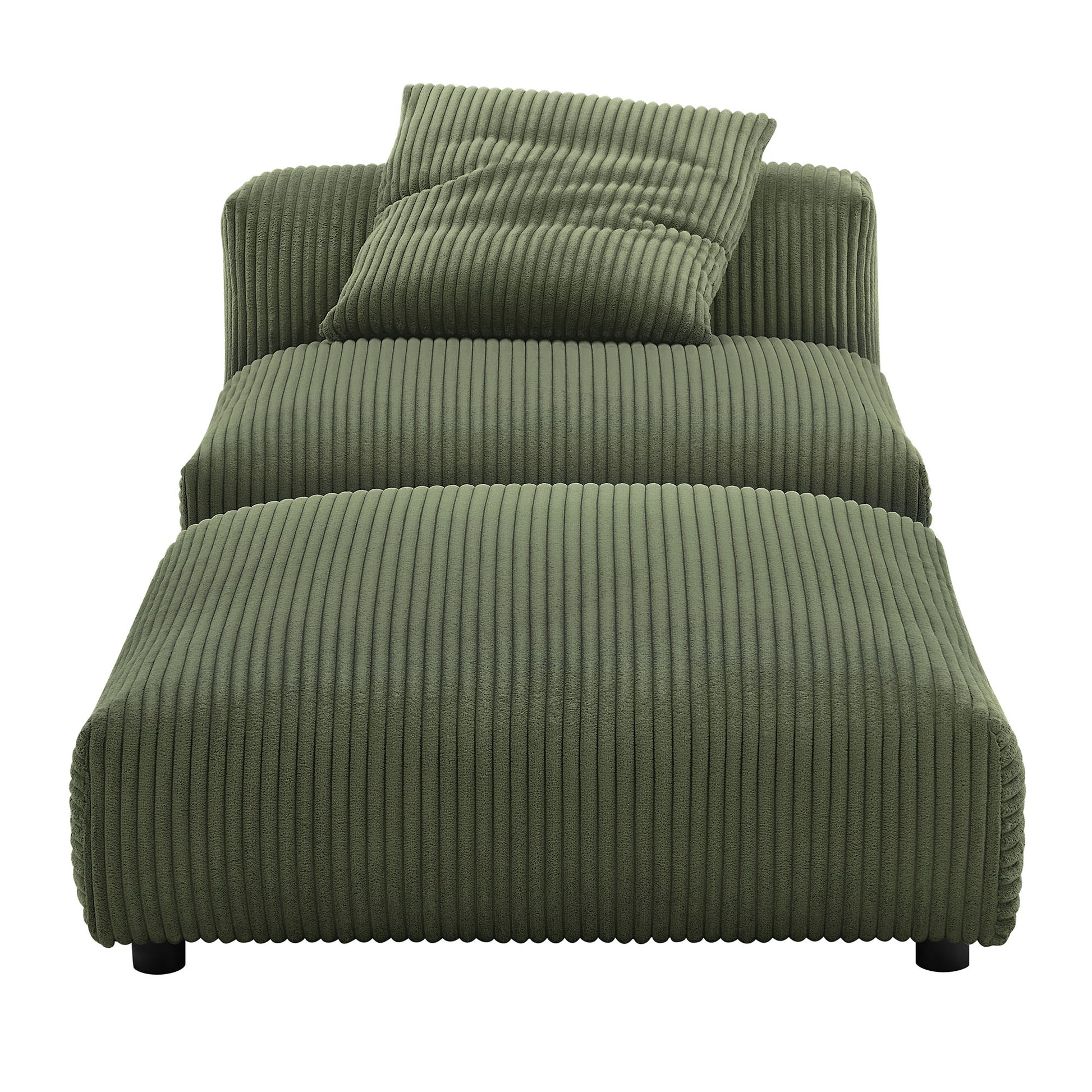 Olive green corduroy upholstered armless chair and matching ottoman; modular living room seating with low-profile frames.