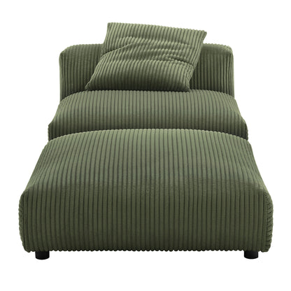 Olive green corduroy upholstered armless chair and matching ottoman; modular living room seating with low-profile frames.