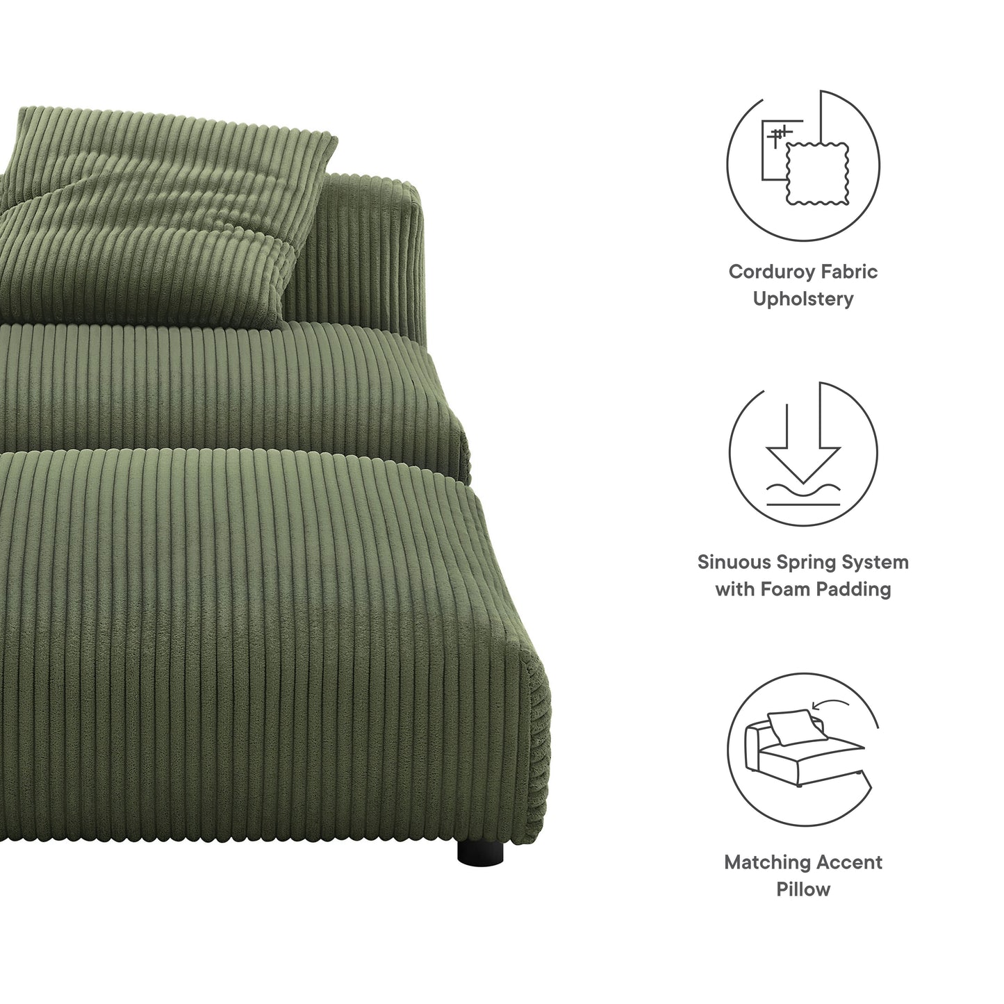 Olive-green corduroy upholstered armless chair and matching ottoman.