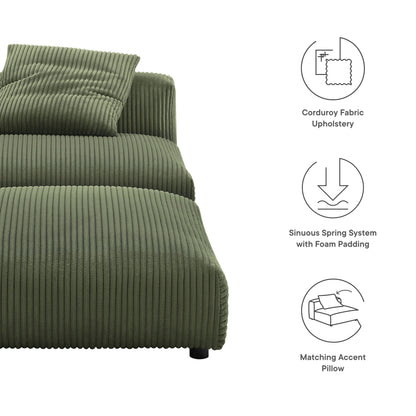 Olive-green corduroy upholstered armless chair and matching ottoman.