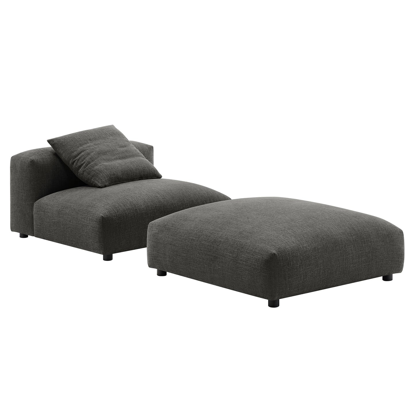 Charcoal gray fabric modular armless chair and ottoman set; low backrest and square cushions, modern lounge furniture.