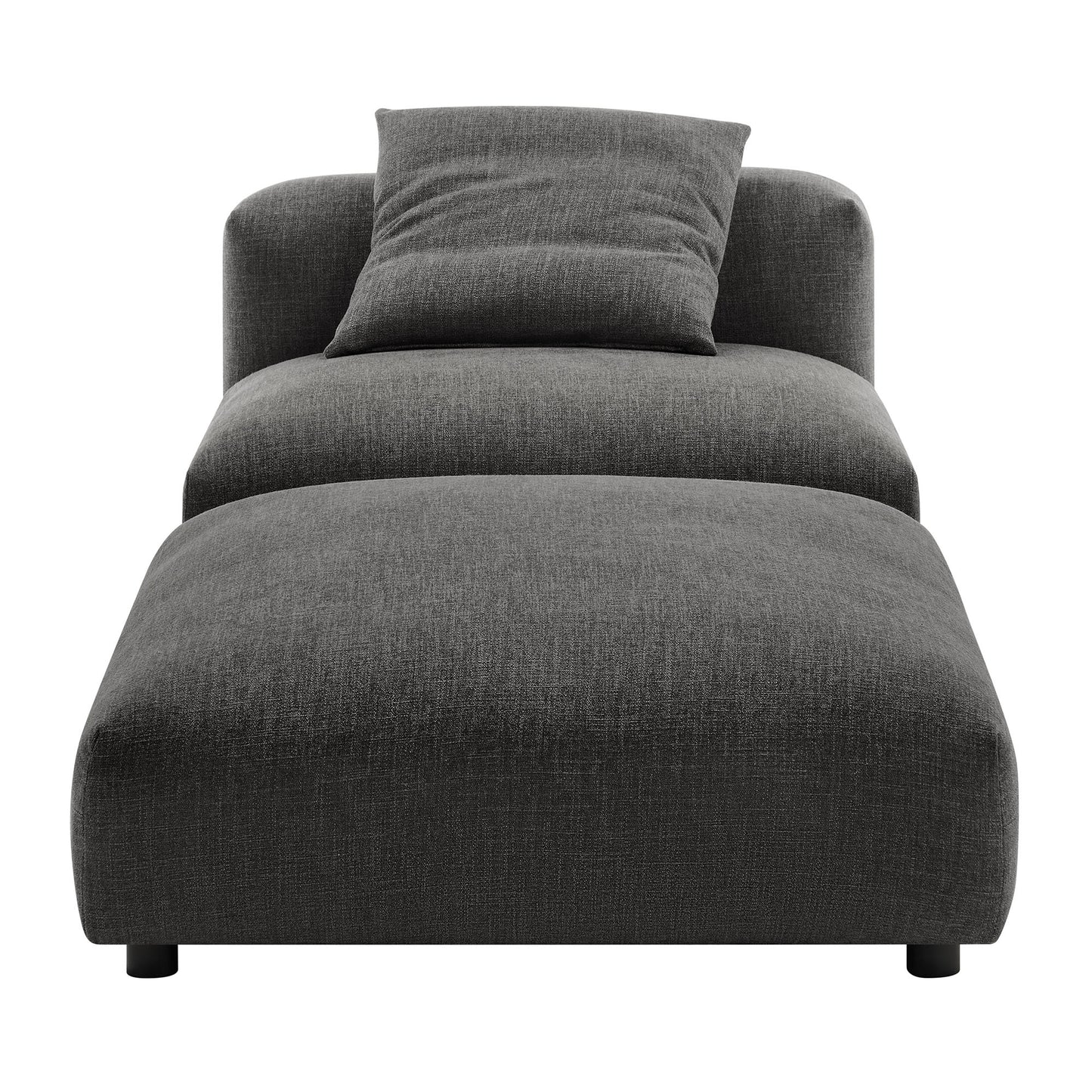 Dark gray fabric armless chair with matching ottoman and low-profile legs.