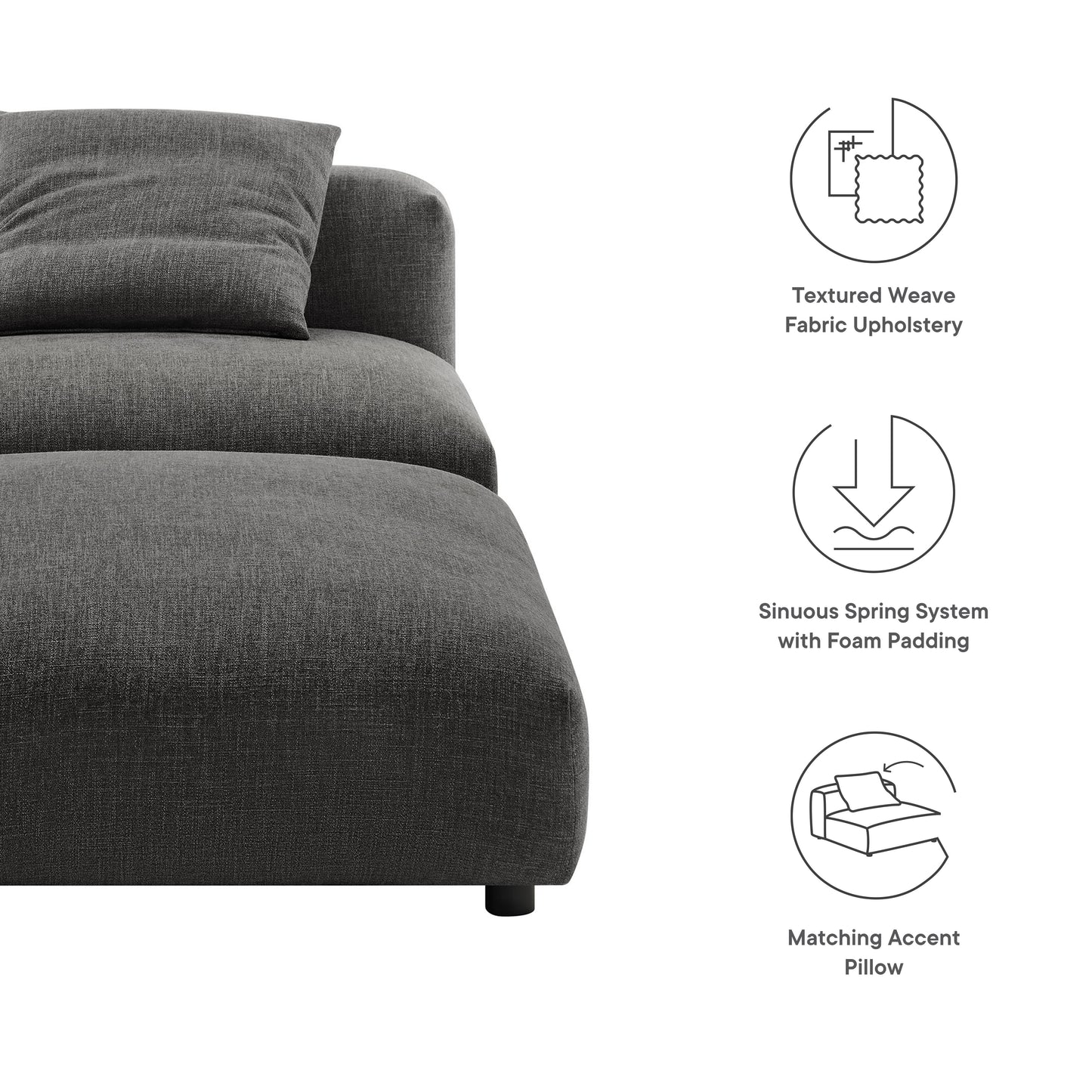 Charcoal textured weave fabric upholstered armless chair & ottoman set with foam-padded seats & sinuous spring base.