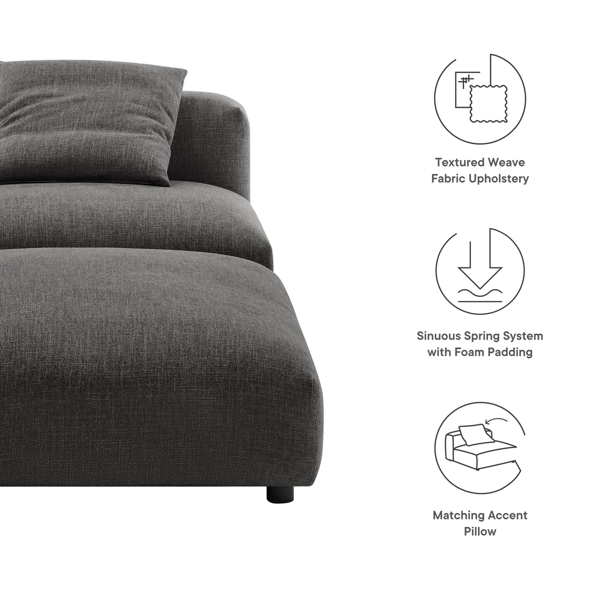 Charcoal textured weave fabric upholstered armless chair & ottoman set with foam-padded seats & sinuous spring base.