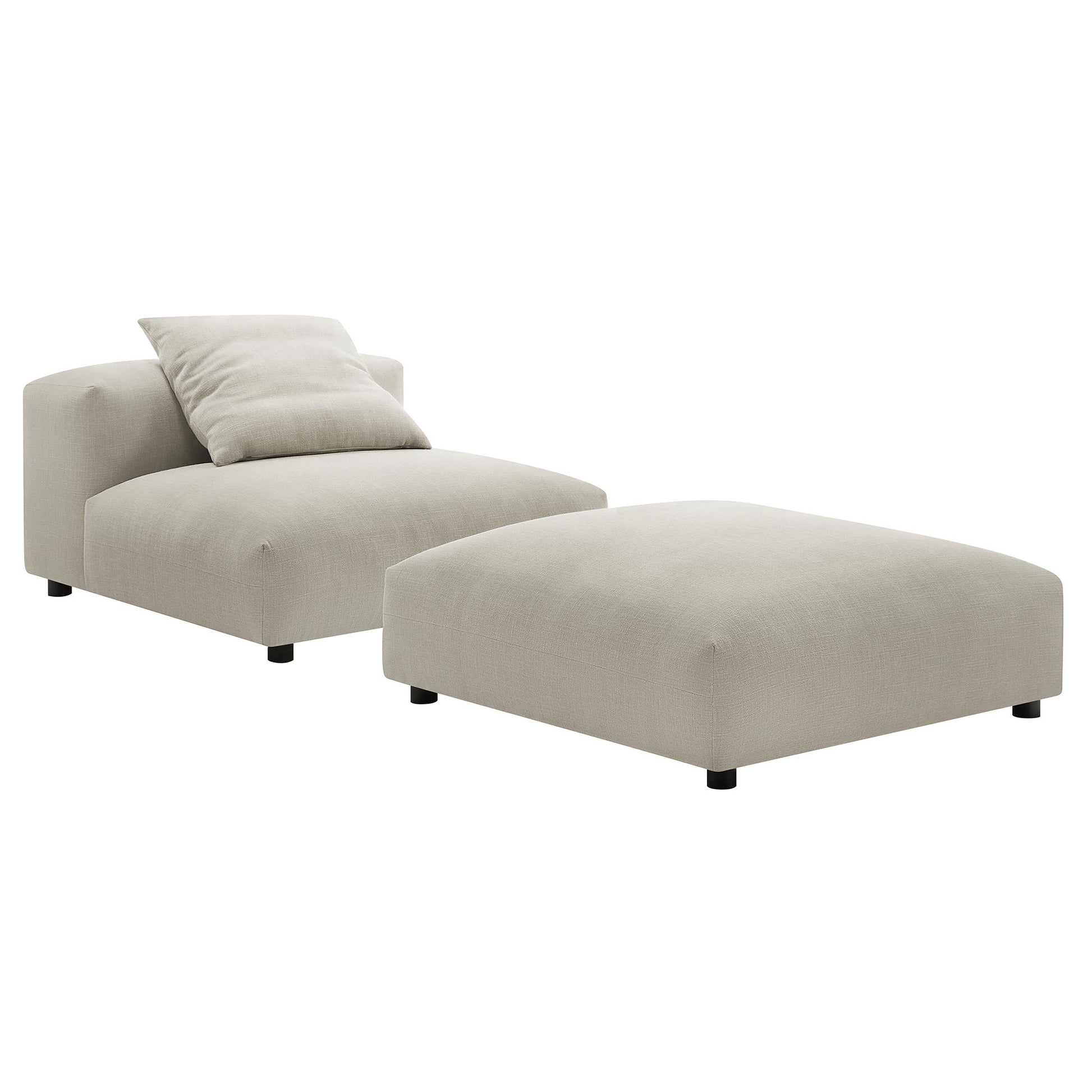 Brown modular armless upholstered chair and rectangular ottoman set with tufted cushions and low-profile legs, modern lounge set.