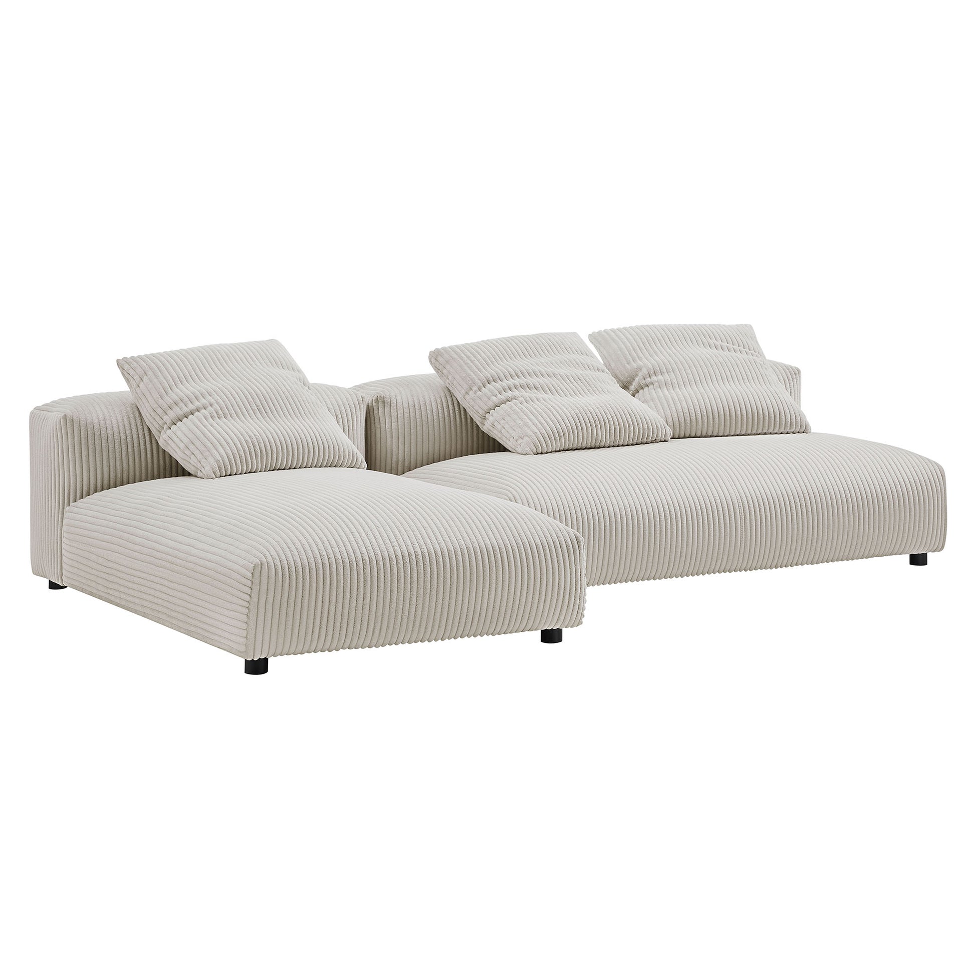 Brown corduroy-style modular sectional with chaise & matching striped cushions.