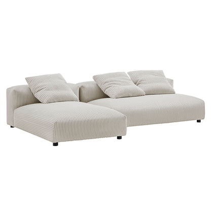 Brown corduroy-style modular sectional with chaise & matching striped cushions.