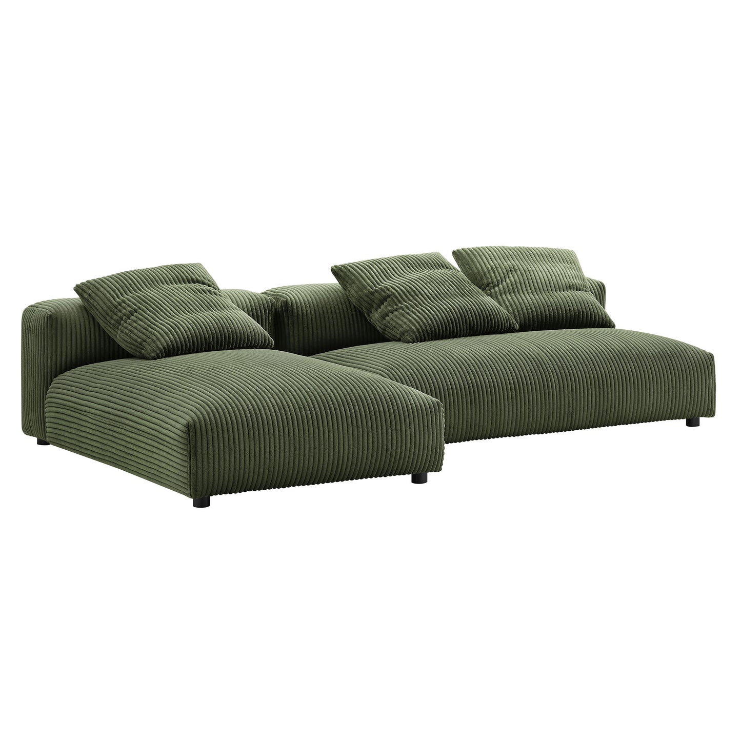 Olive green corduroy modular sectional sofa with a chaise and matching throw pillows.