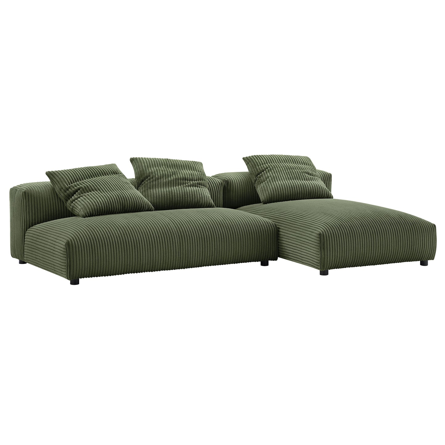 Olive-green ribbed fabric modular sectional sofa with chaise and multiple cushions.