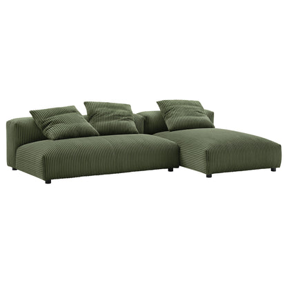 Olive-green ribbed fabric modular sectional sofa with chaise and multiple cushions.