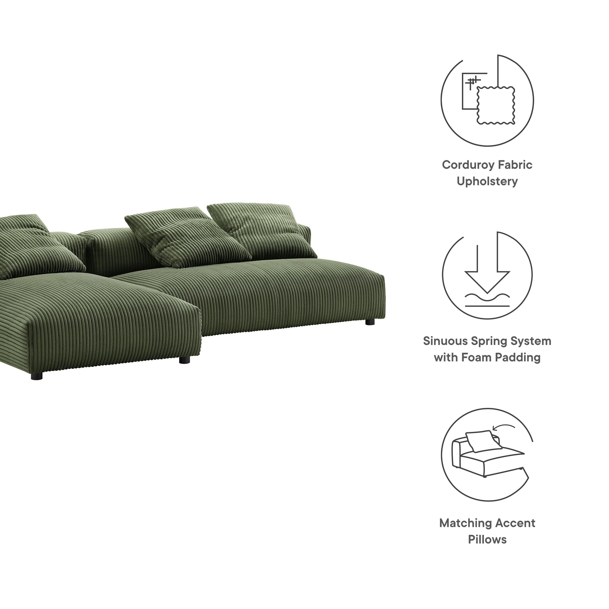 Forest green corduroy fabric modular sofa with chaise, plush cushions, foam-padded springs and matching accent pillows
