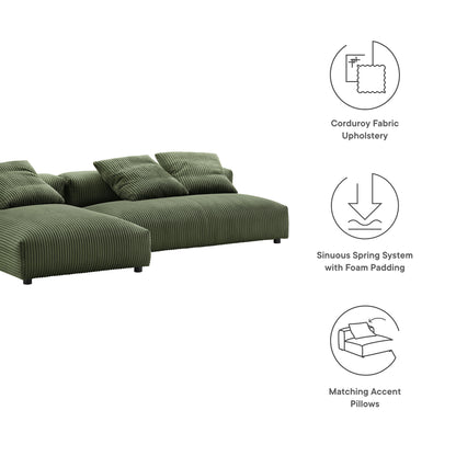 Forest green corduroy fabric modular sofa with chaise, plush cushions, foam-padded springs and matching accent pillows