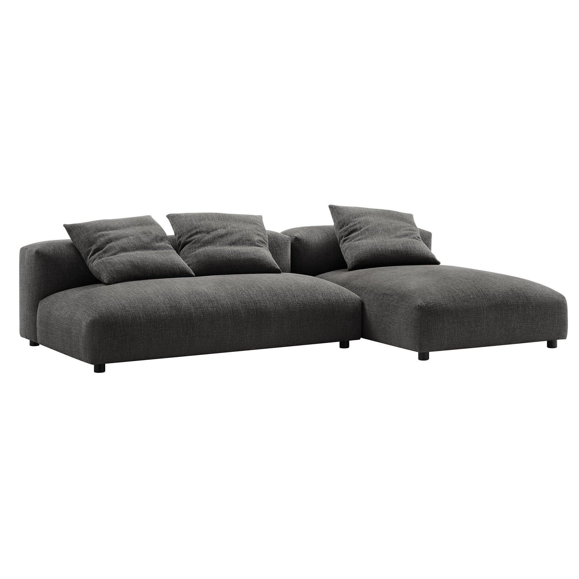 Charcoal gray fabric L-shaped sectional with chaise, low-profile arms, plush cushions, modern modular sofa.
