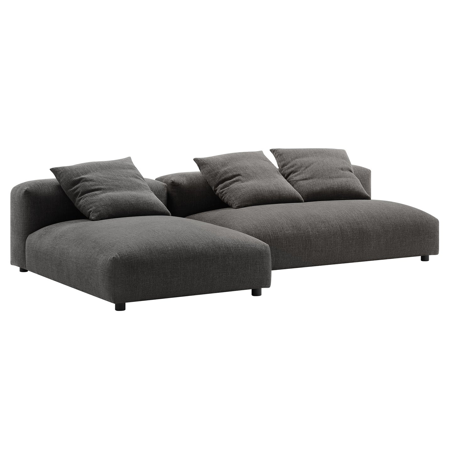 Charcoal gray fabric sectional with left chaise, three cushions, low-profile legs, modern living room sofa.