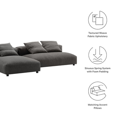 Charcoal gray sectional sofa with chaise, textured weave fabric, foam-padded cushions, and matching accent pillows.