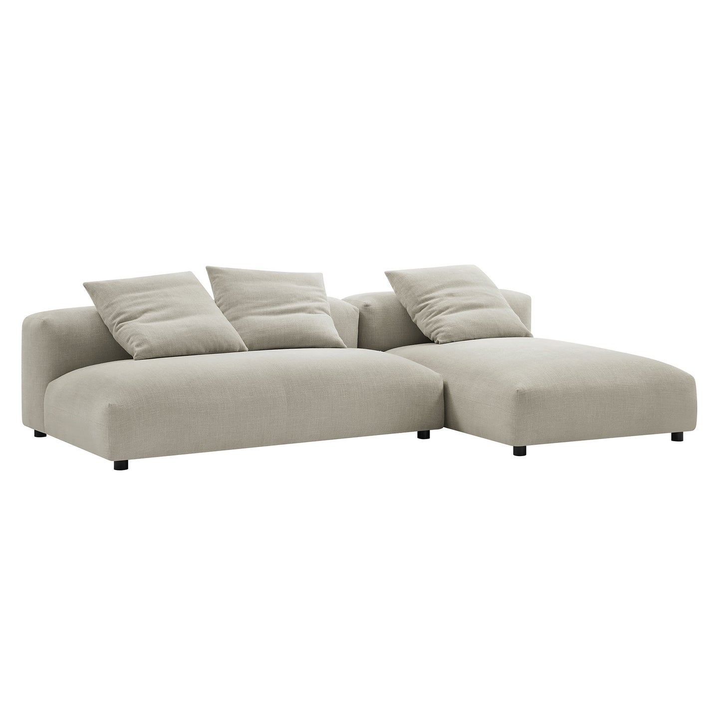 Brown modular fabric sectional sofa with chaise on the right, three back cushions, low black legs, modern minimalist style.