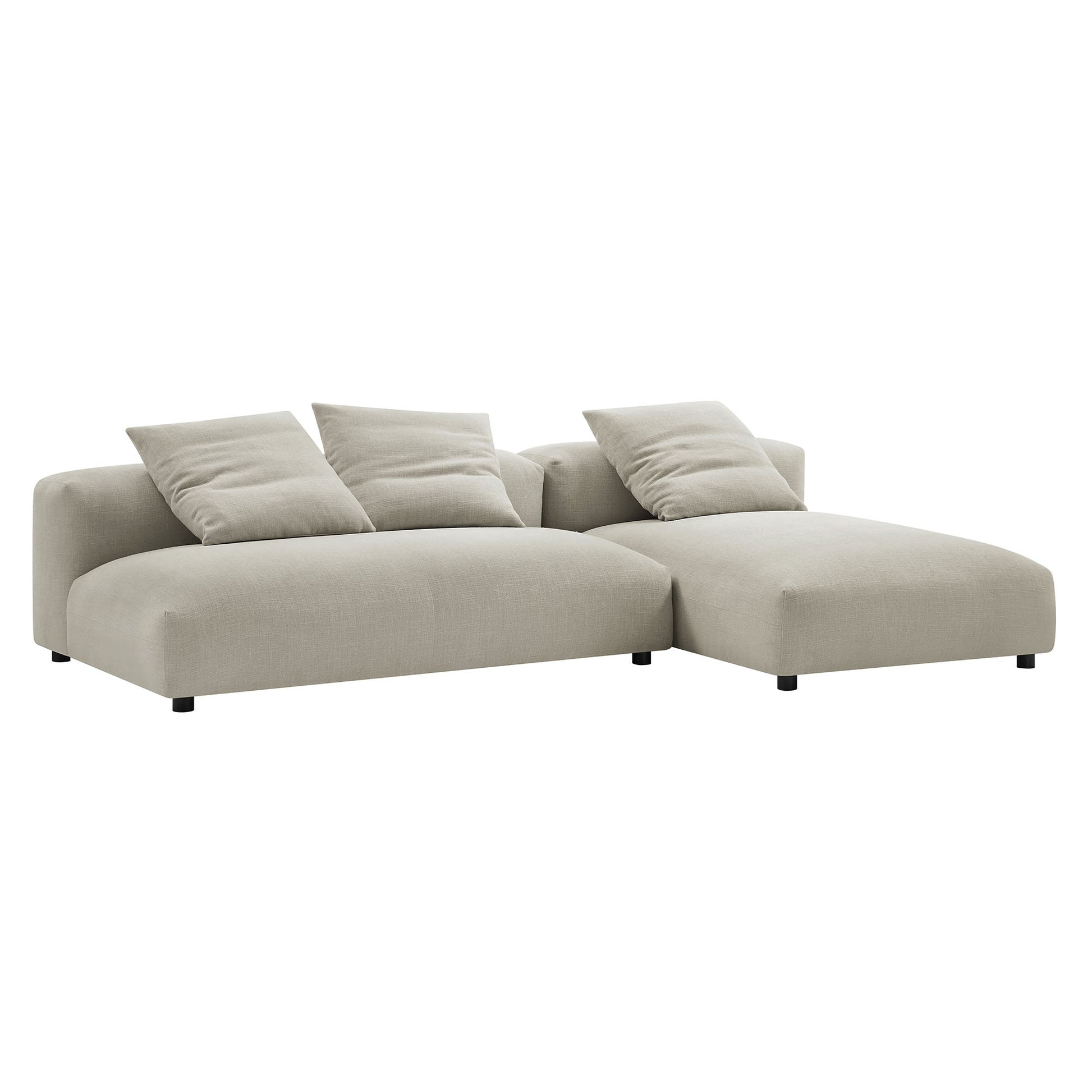 Brown modular fabric sectional sofa with chaise on the right, three back cushions, low black legs, modern minimalist style.