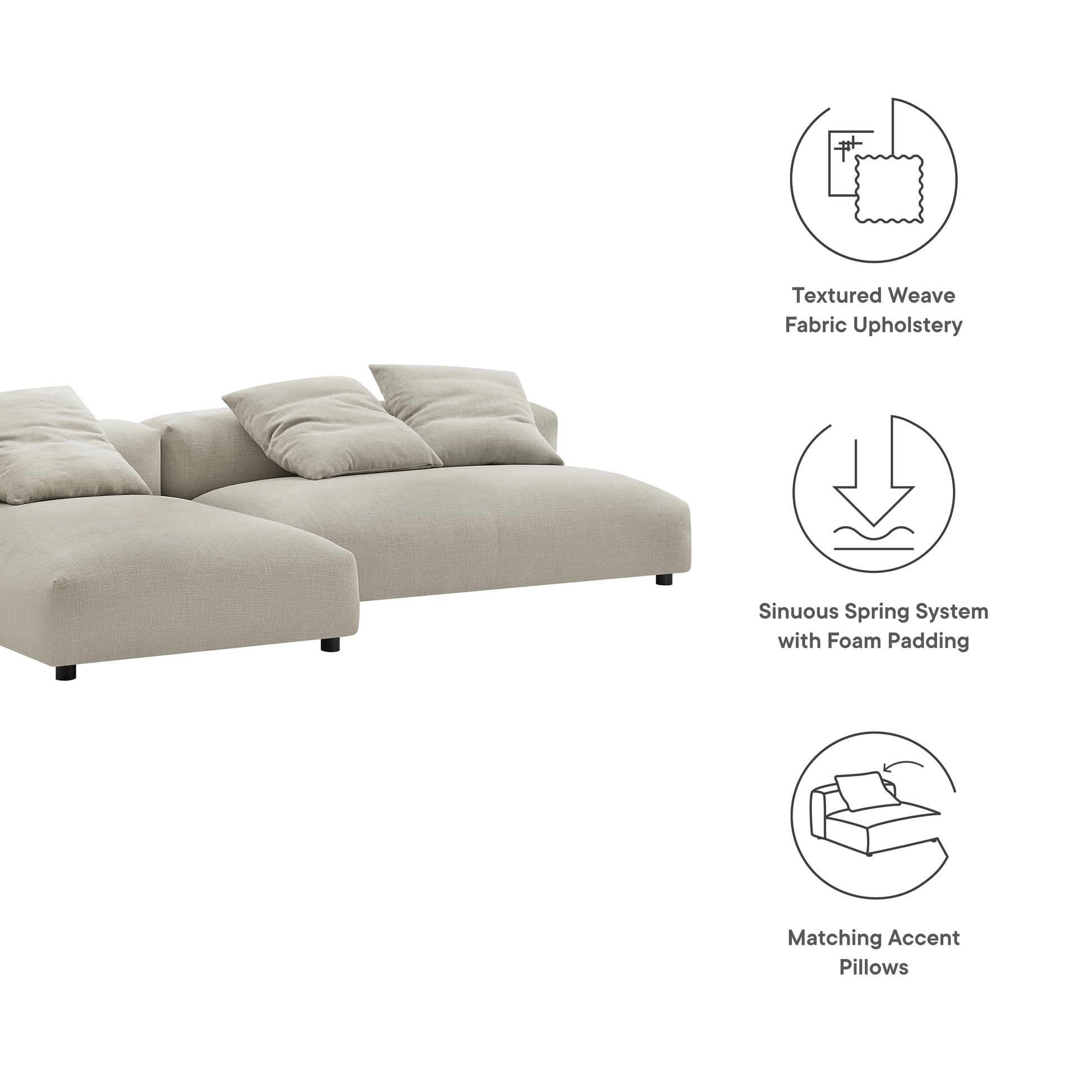 Brown 2-piece modular sectional sofa with chaise in textured weave fabric and matching accent pillows; sinuous spring system with foam padding.