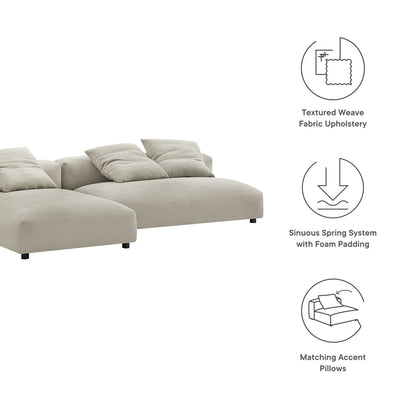 Brown 2-piece modular sectional sofa with chaise in textured weave fabric and matching accent pillows; sinuous spring system with foam padding.