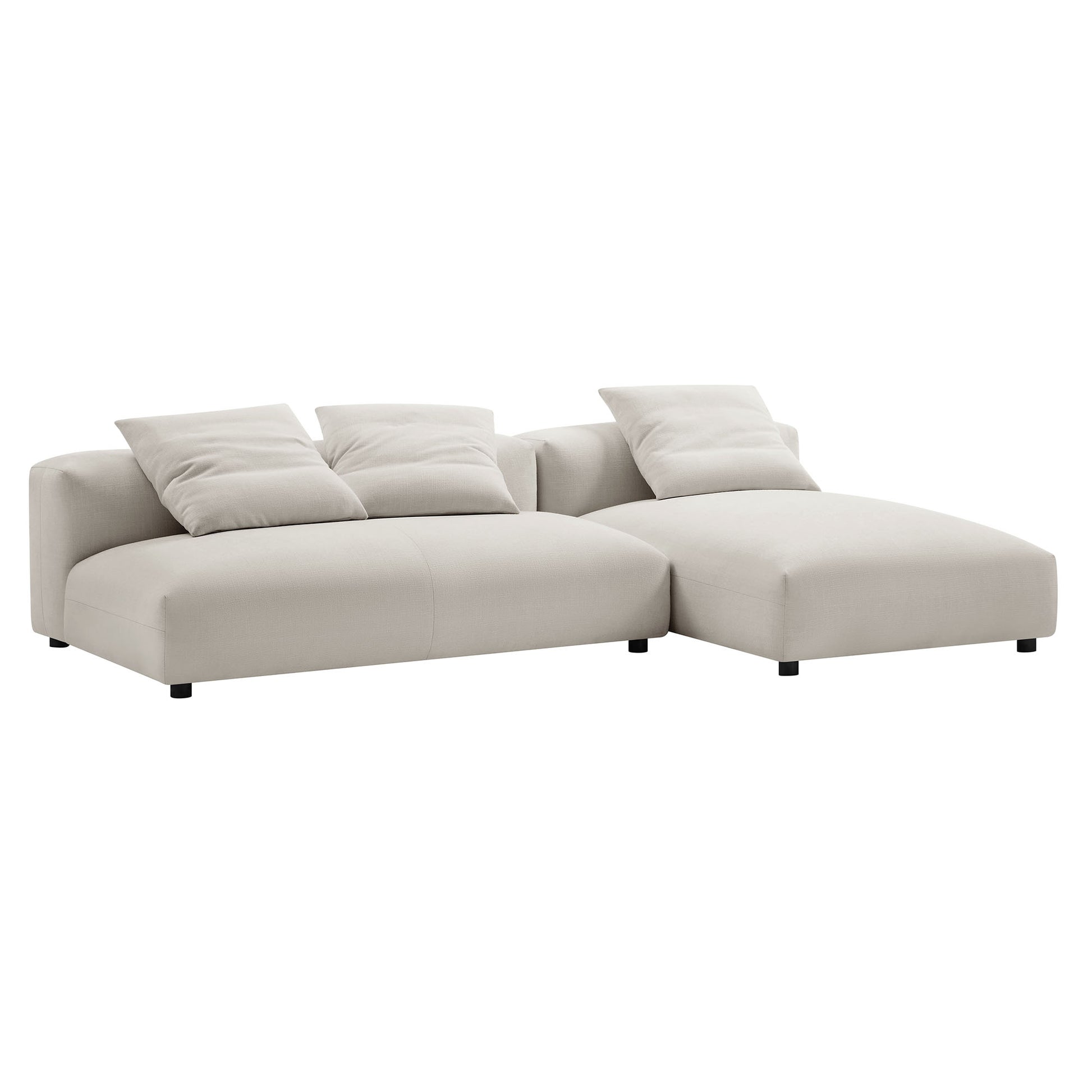Gray fabric L-shaped sectional with chaise, low-profile frame and plush throw cushions.