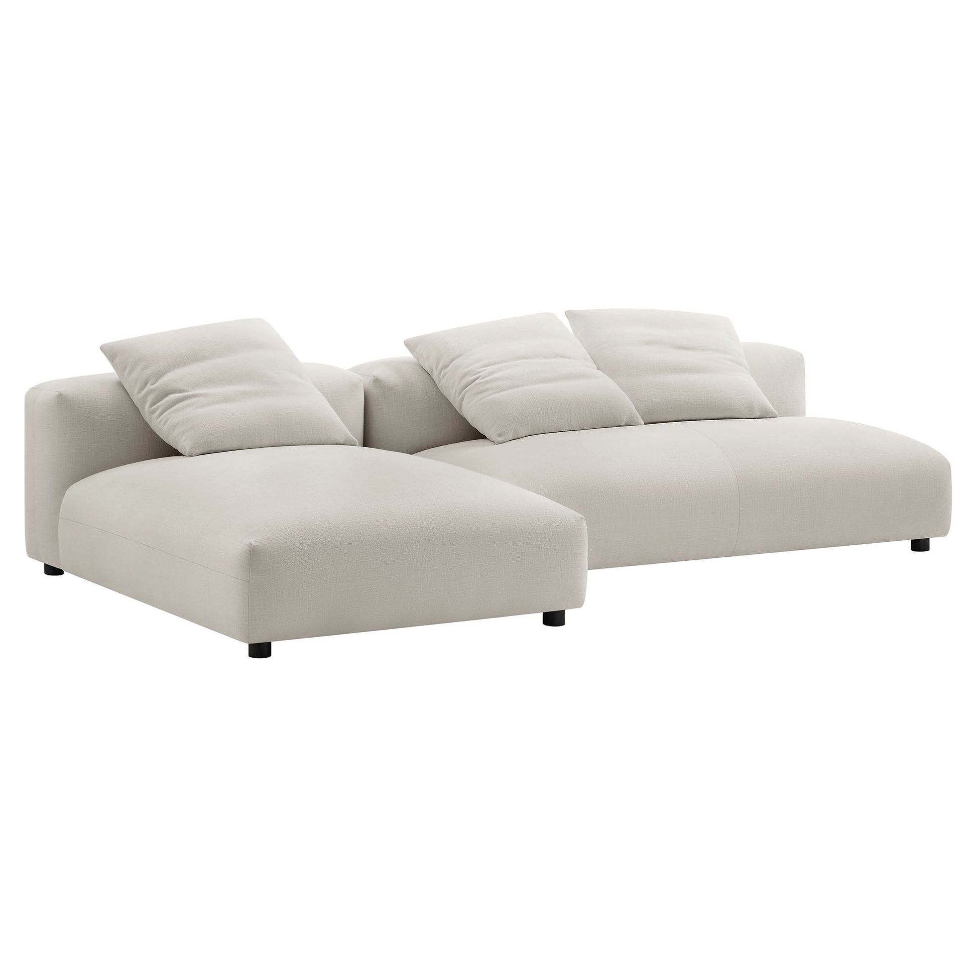 Gray fabric modular sectional sofa with left chaise, three back cushions and low-profile legs; modern living room seating.